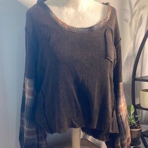 POL Distressed Brown Sweater with Plaid Accents